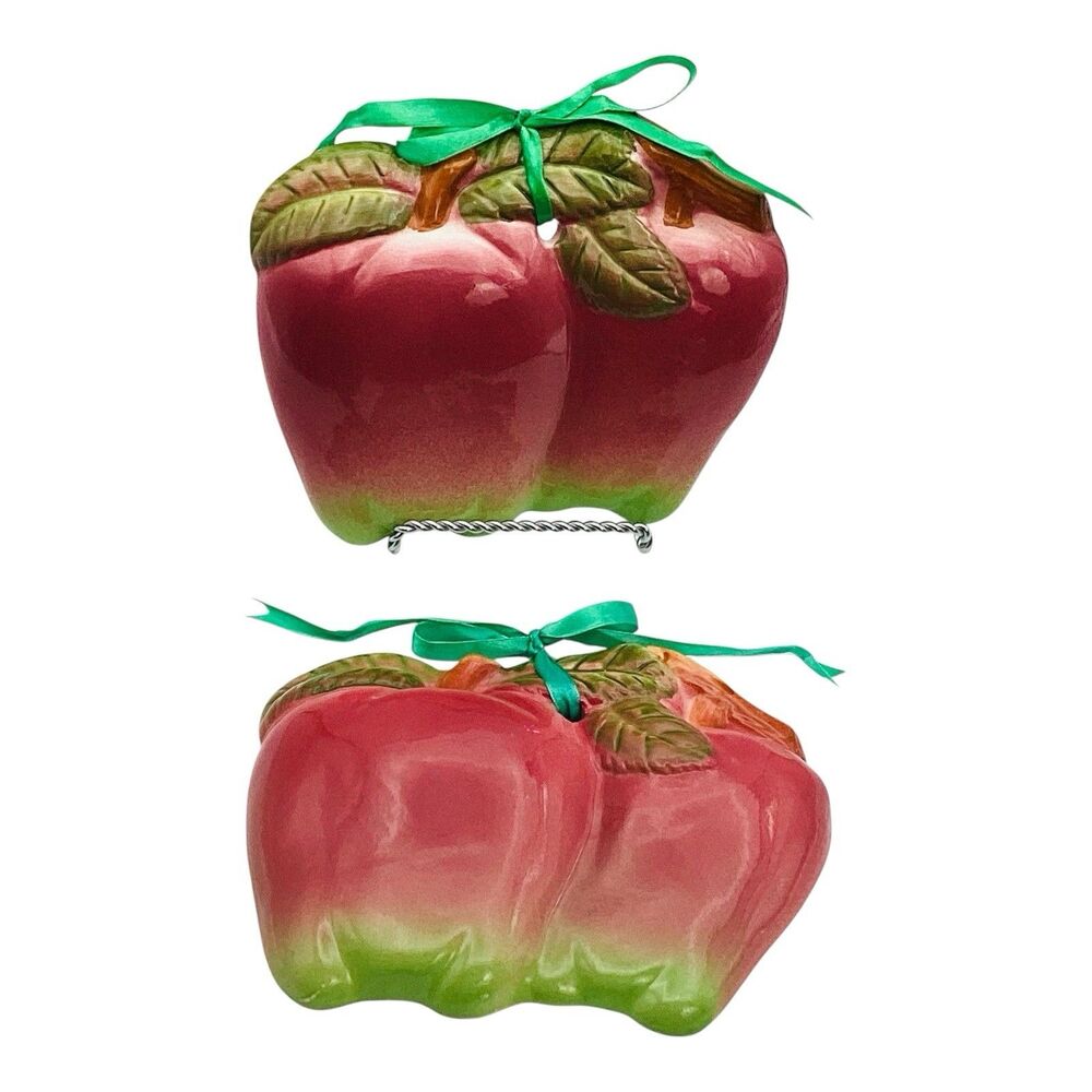 Apple Pair Wall Plaques Green Ribbon Hangers Vintage Ceramic  7in